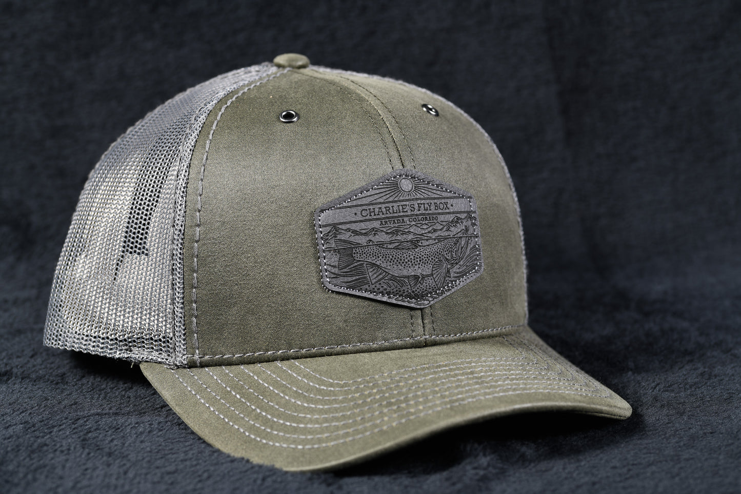 CFB Underwood Leather Patch Trucker Hat, Olive/Gray