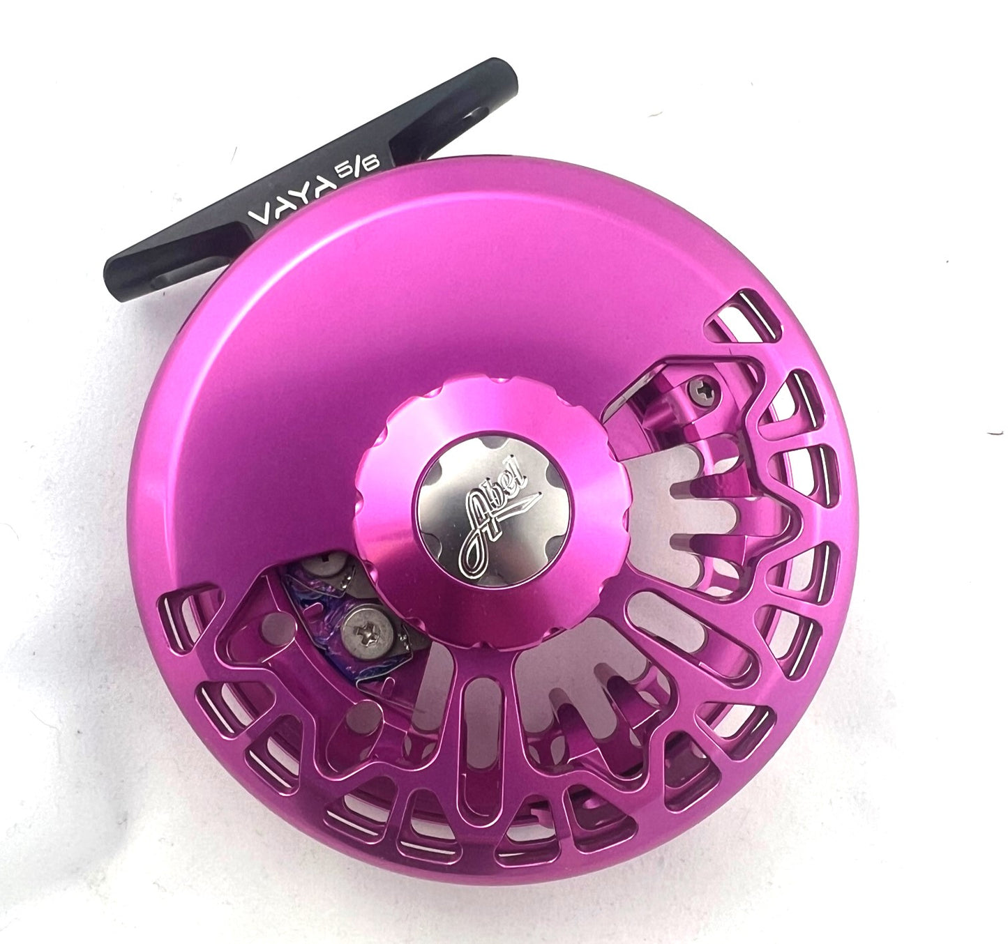 Abel Vaya 5/6 Reel, Pink with Silver Aluminum Handle and Pink Drag Knob