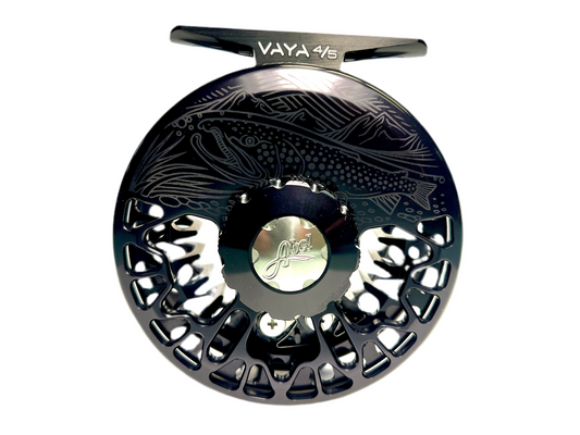 Abel Vaya Reel, Basic Black with Underwood On the Hunt Engraving and Ebony Wood Handle