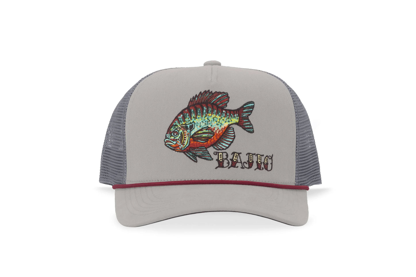 Gray trucker hat with a Bluegill fish design, red rope, and 'Bajio' text on a white background