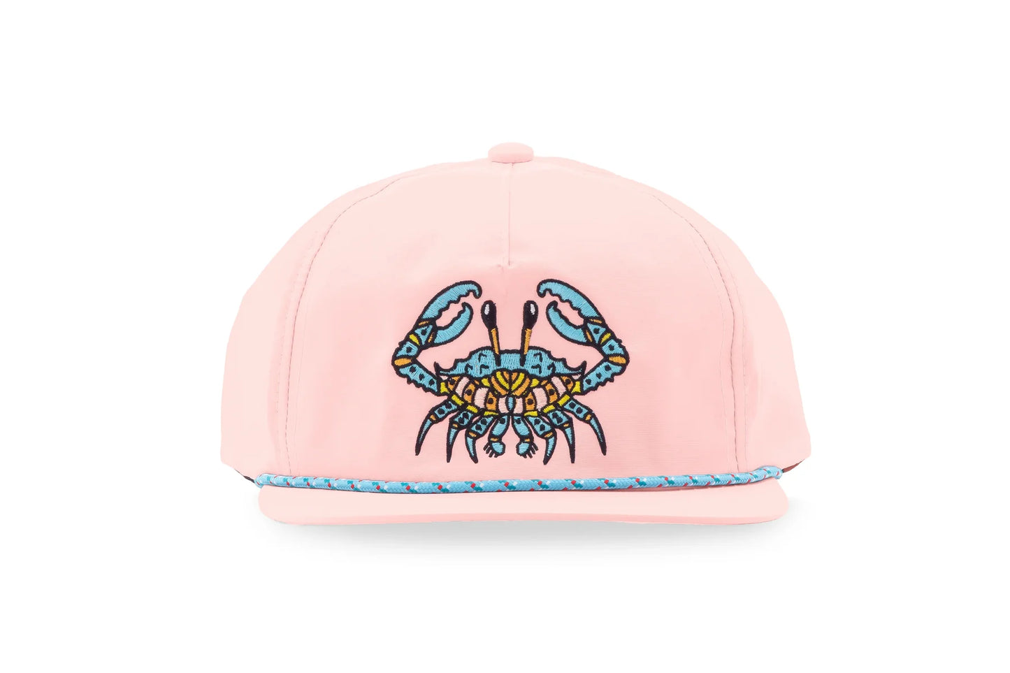 Pink Bajio cap with a blue crab design on a white background