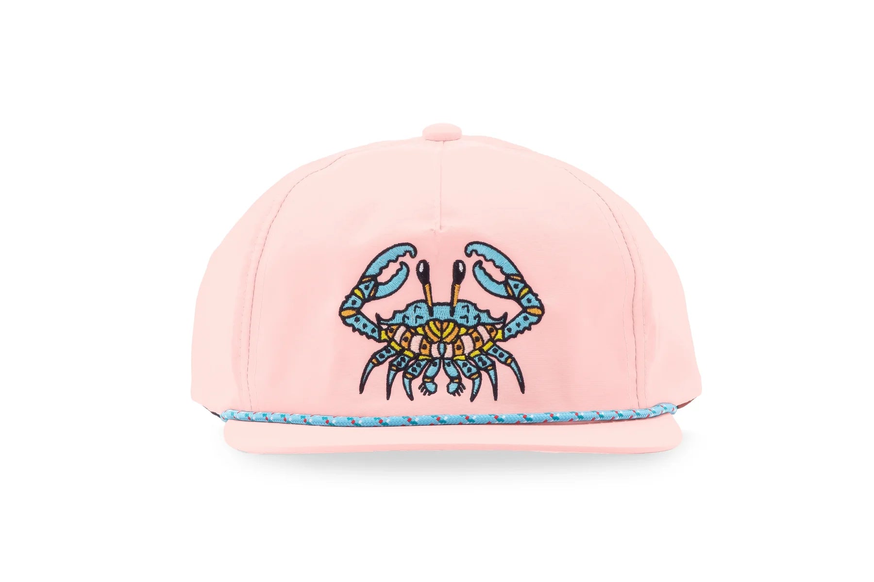 Pink Bajio cap with a blue crab design on a white background