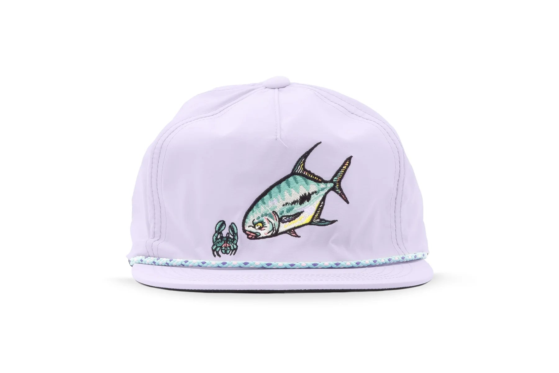 Light purple cap with Permit fish and crab design on a white background