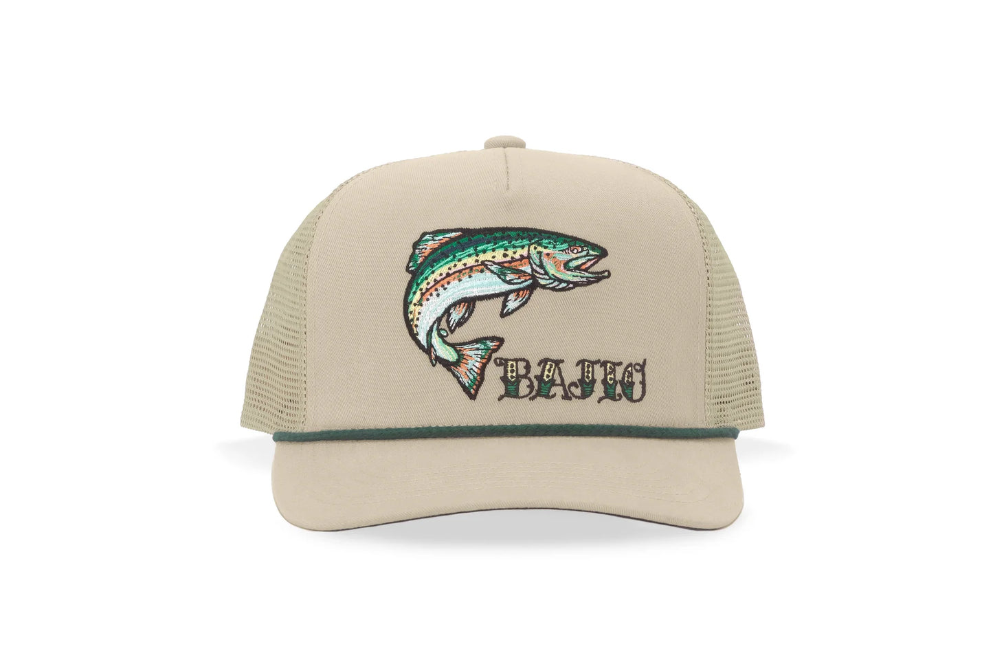 Beige trucker cap with embroidered fish design and 'Bajio' text on a white background