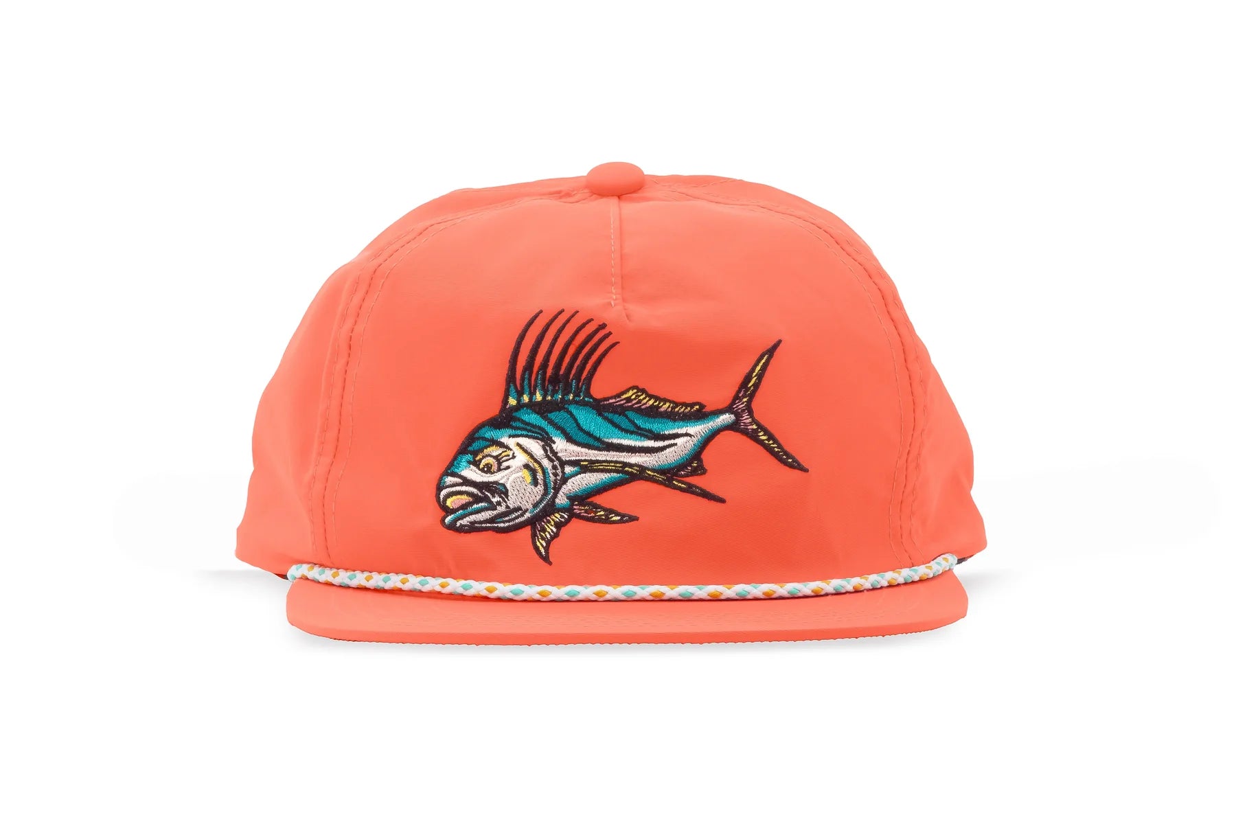 Coral cap with Roosterfish design on a white background