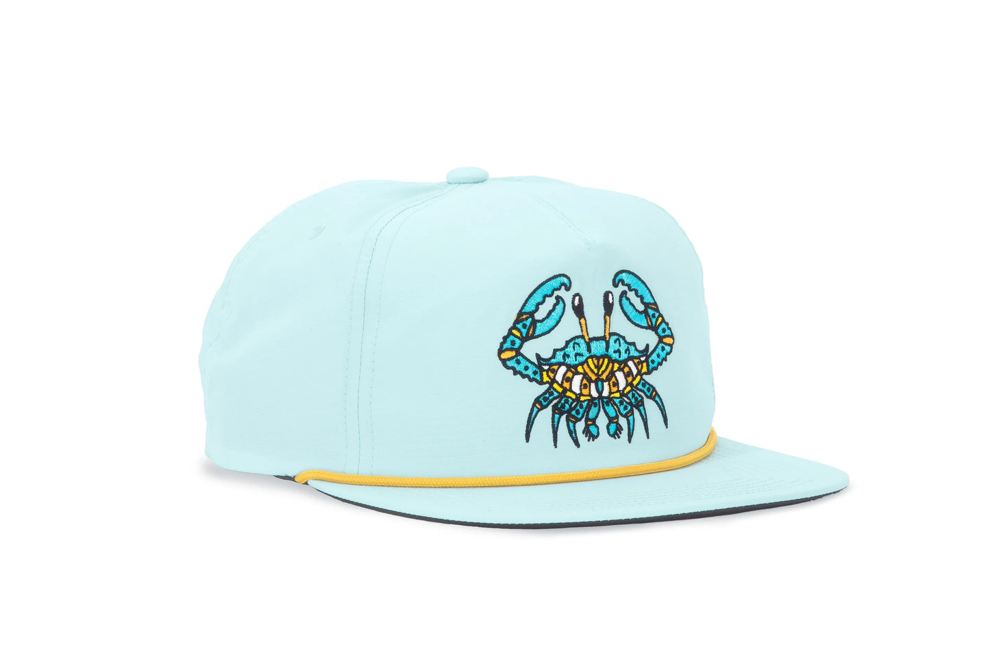 Light blue cap with a crab design on a white background