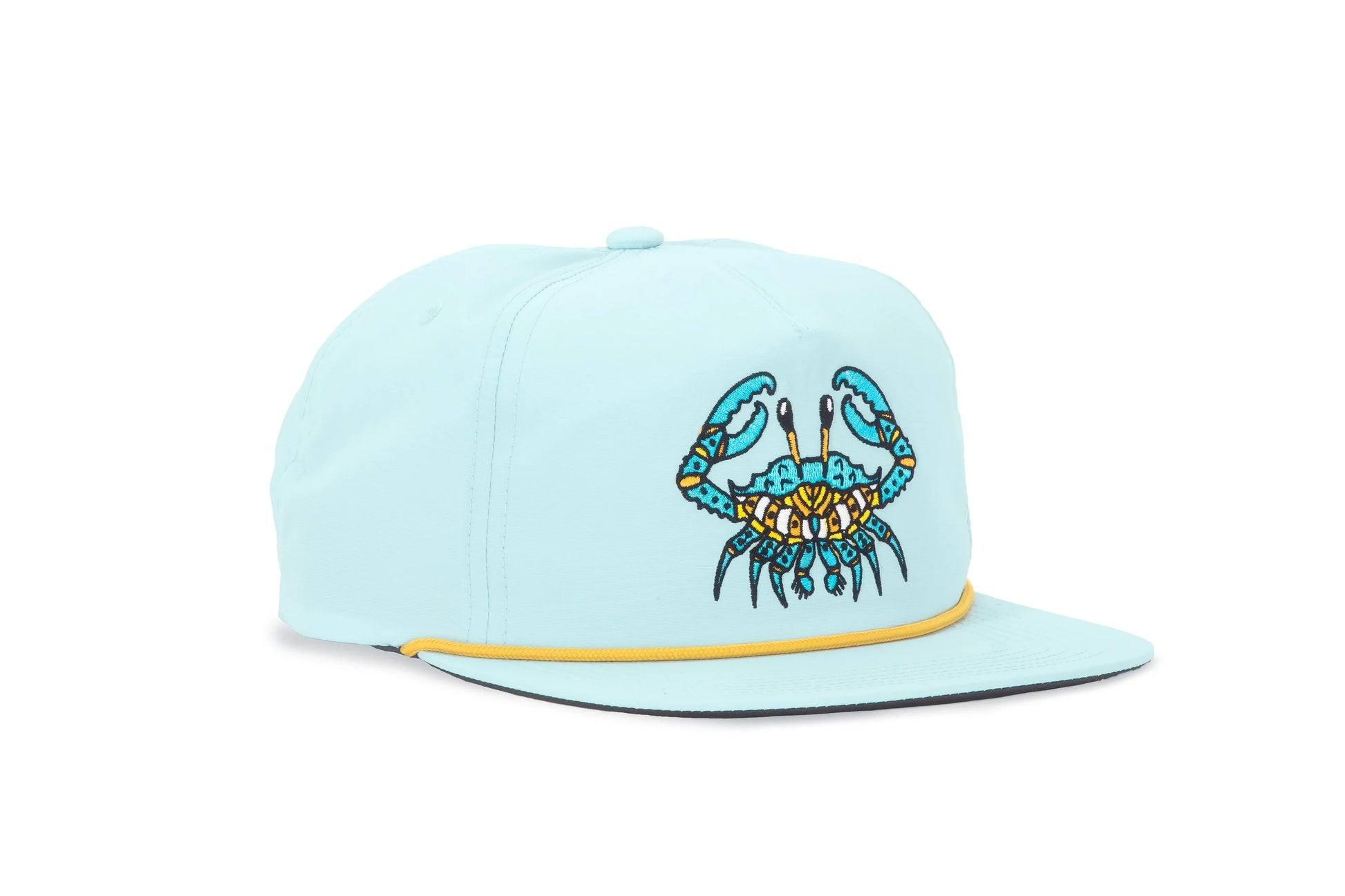 Light blue cap with a crab design on a white background