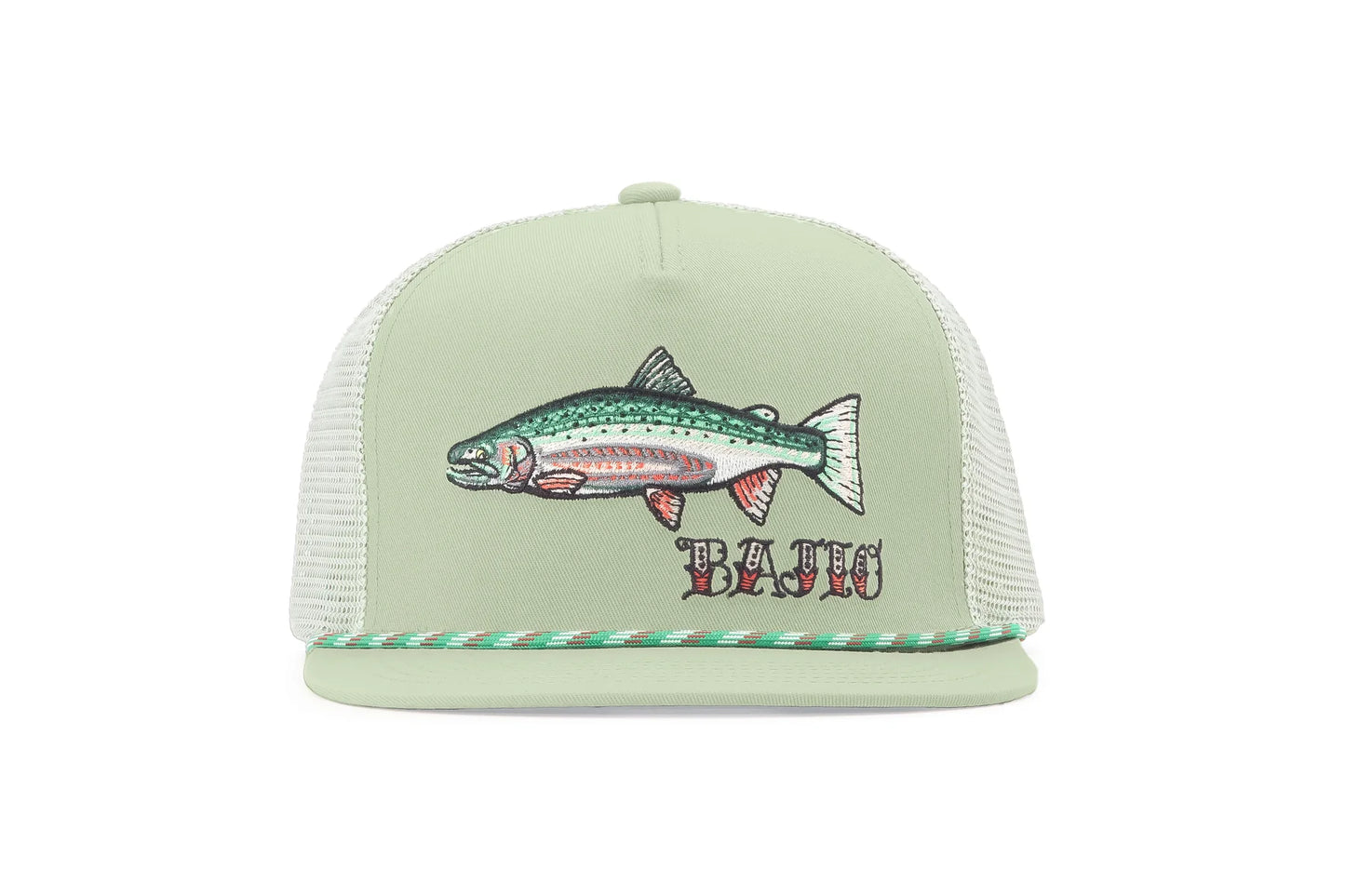 A light sage green trucker hat with a mesh back, featuring an embroidered rainbow trout and the word 'BAJIO' on the front panel, with a green and white striped rope detail along the brim.