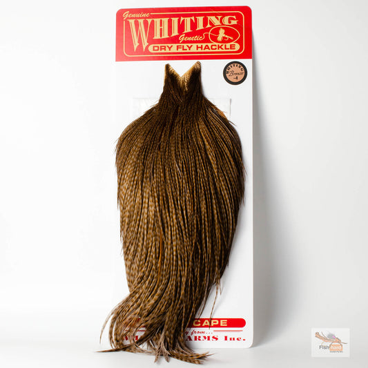 Whiting Genetics dry fly hackle in dark barred ginger dyed dun mounted on its original white and red retail card.