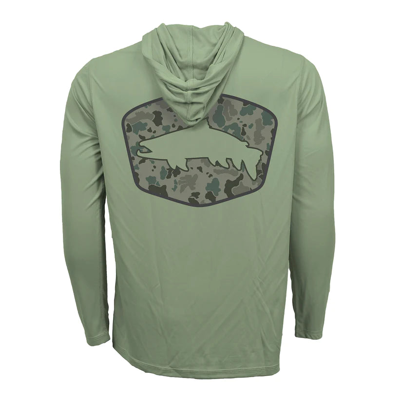RepYourWater Hooded Sun Shirt, 50 UPF, Camo Trout