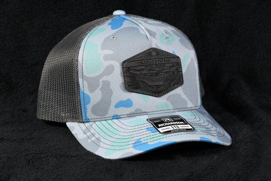 CFB Leather Patch Trucker Hat, Blue Camo/Gray