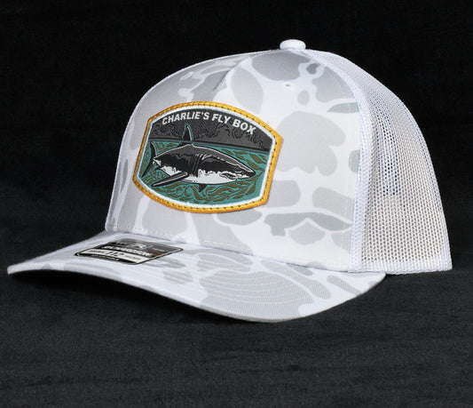 CFB Trucker Hat, White/Gray Camo with Great White Shark Logo