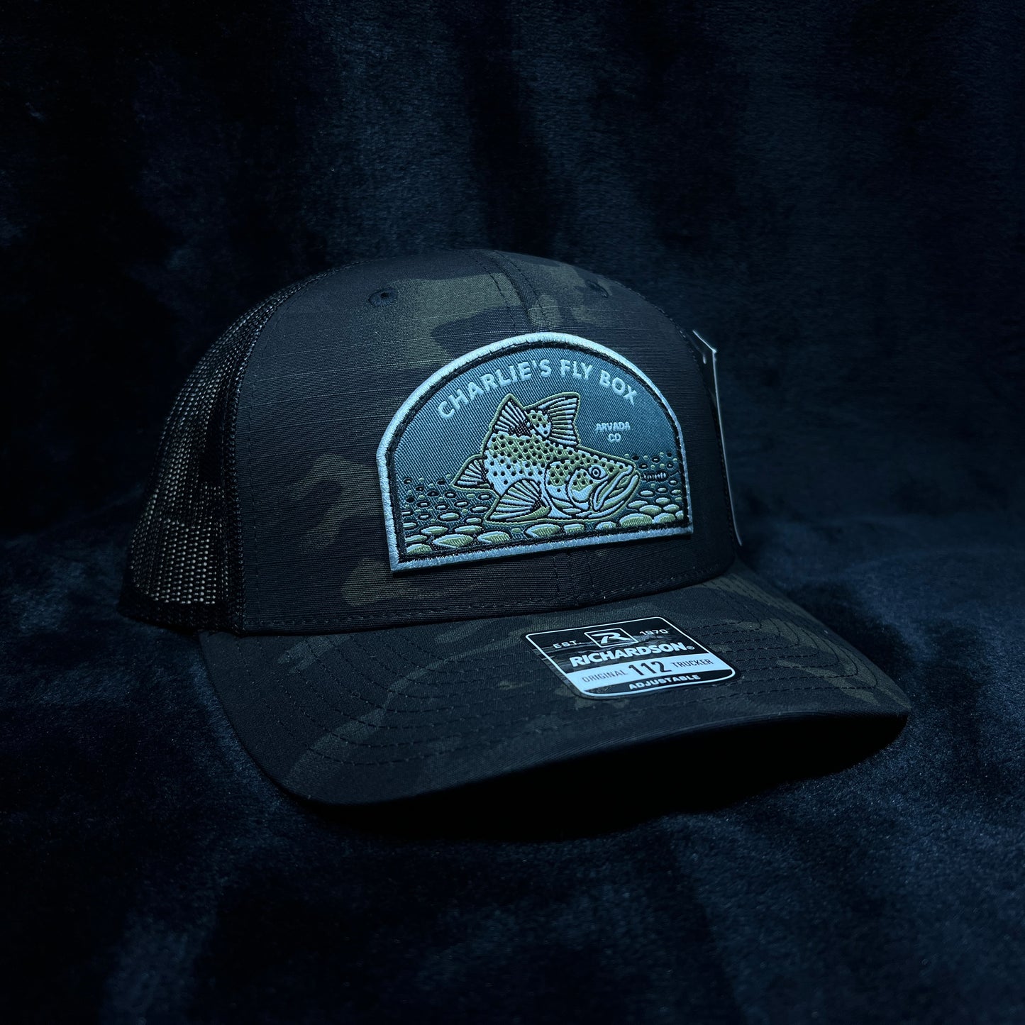CFB Trucker Hat Black Camo Trout Patch