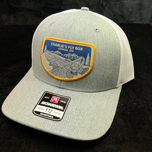 CFB Trucker Hat, Gray/White with Underwood Rising Trout Logo