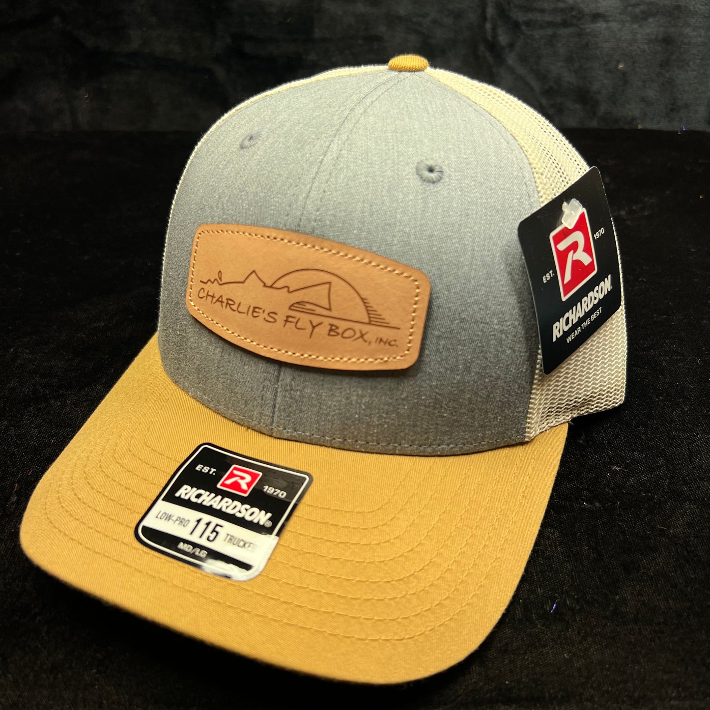 CFB Trucker Hat with Leather Patch, Cream/Gray-Blue/Tan