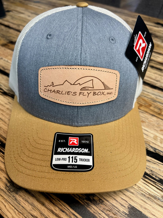 CFB Trucker Hat with Leather Patch, Cream/Gray-Blue/Tan
