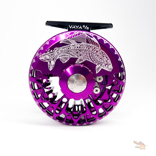 Abel Vaya 5/6 Purple with Purple Drag Knob and Platinum Handle, Larko Graceful Grayling Engraving