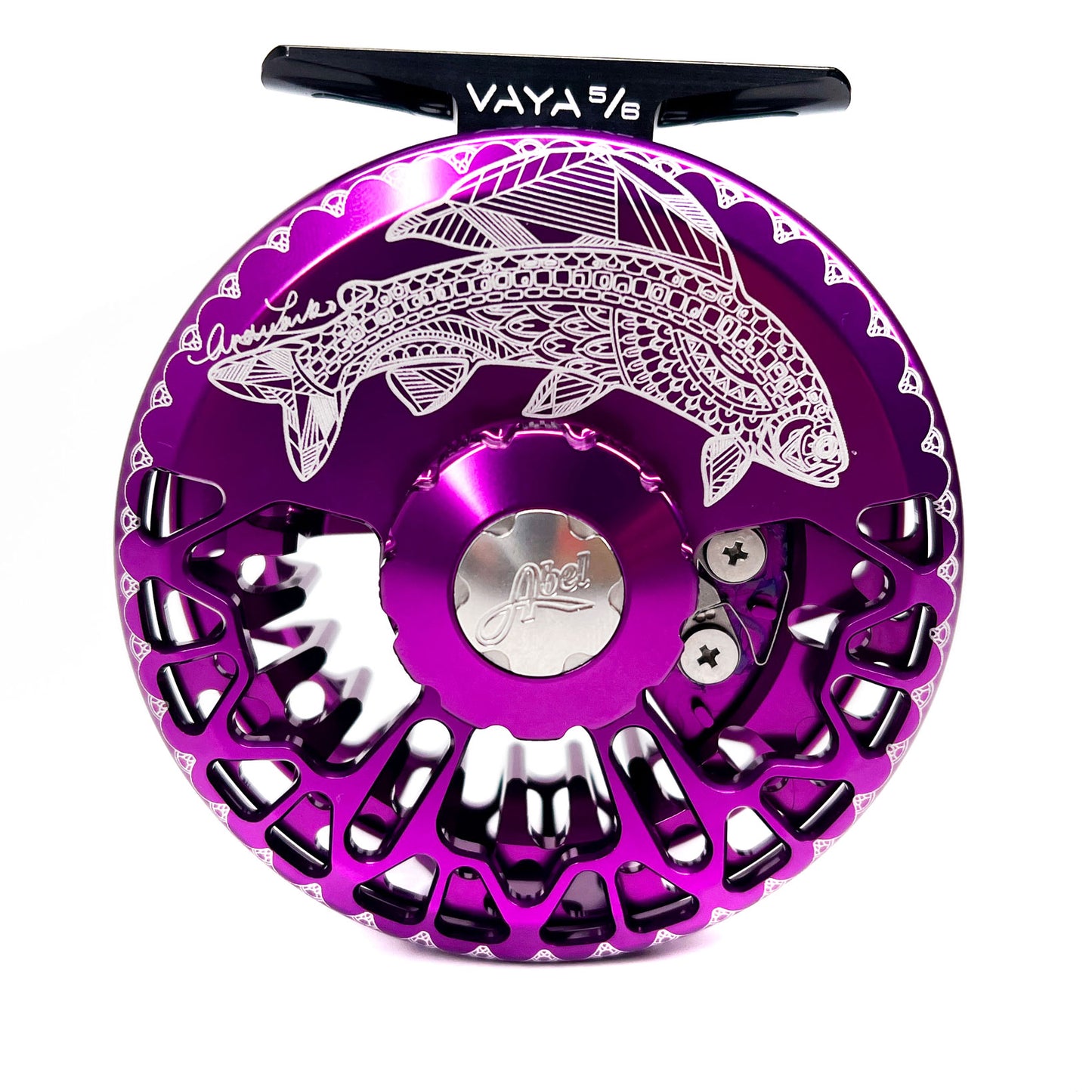 Abel Vaya 5/6 Purple with Purple Drag Knob and Platinum Handle, Larko Graceful Grayling Engraving