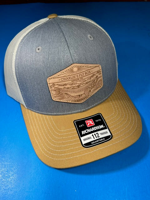 CFB Classic Trucker, Gray/White/Tan with Underwood Rising Brown Trout Leather Patch