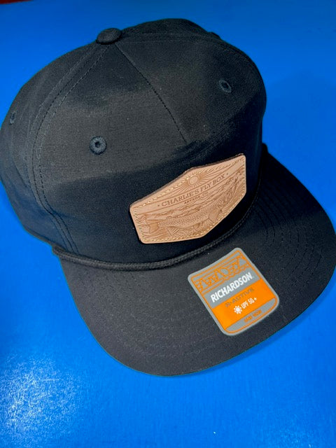 CFB Active Hat, Black Rope Bill w/Underwood Rising Brown Trout Leather Patch