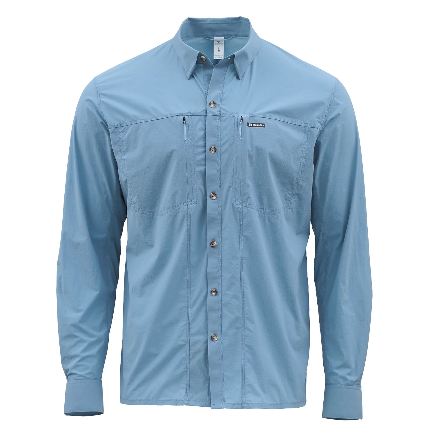 A dark blue long-sleeve Skwala brand button-up shirt with a pointed collar, brown buttons, and zippered chest pockets, shown on a plain white background.