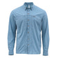 A dark blue long-sleeve Skwala brand button-up shirt with a pointed collar, brown buttons, and zippered chest pockets, shown on a plain white background.
