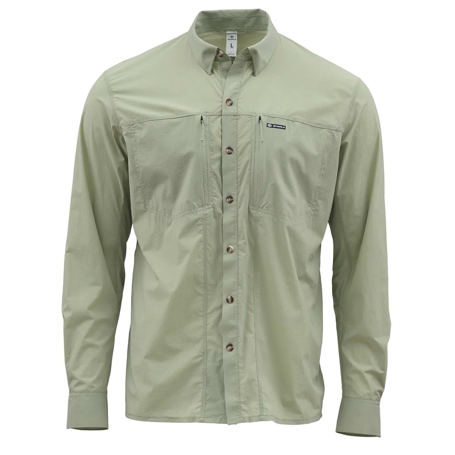 A pale green long-sleeve Skwala brand button-up shirt with a pointed collar, brown buttons, and zippered chest pockets, shown on a plain white background.