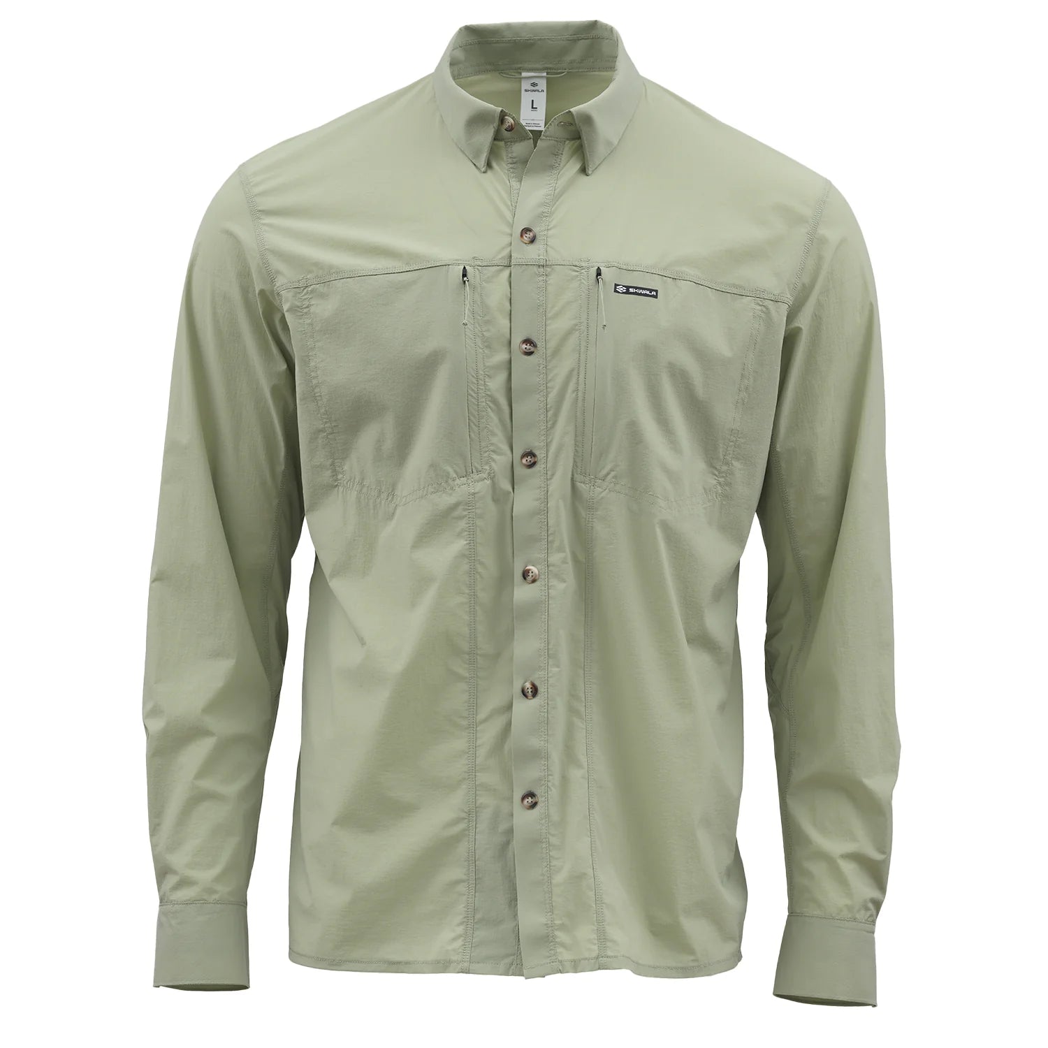 A pale green long-sleeve Skwala brand button-up shirt with a pointed collar, brown buttons, and zippered chest pockets, shown on a plain white background.