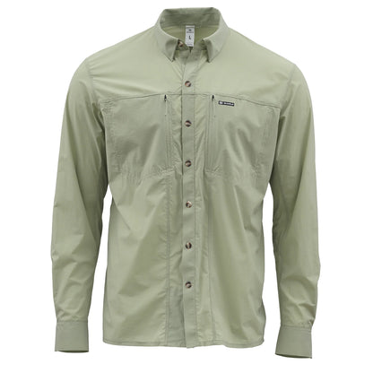 A pale green long-sleeve Skwala brand button-up shirt with a pointed collar, brown buttons, and zippered chest pockets, shown on a plain white background.