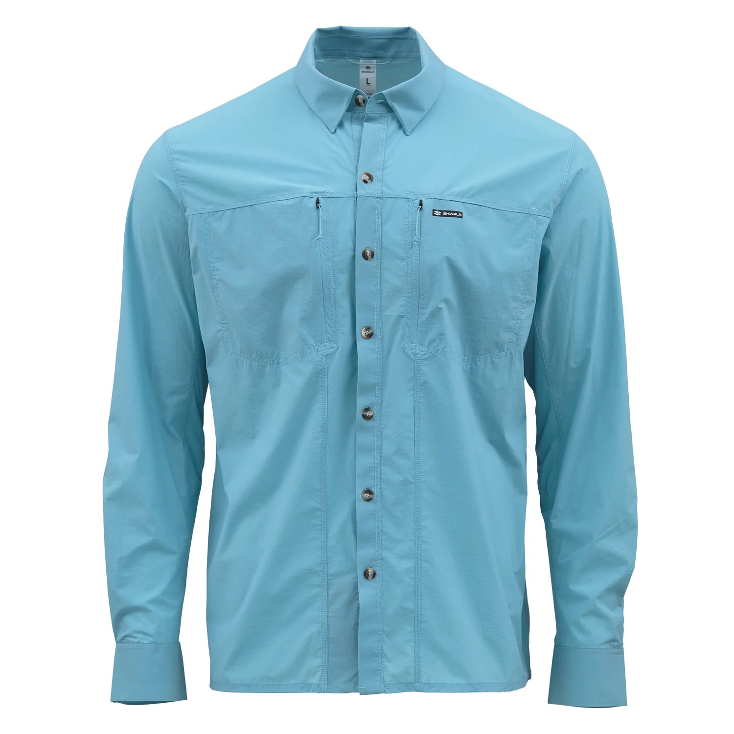 A light blue long-sleeve Skwala brand button-up shirt with a pointed collar, brown buttons, and zippered chest pockets, shown on a plain white background.