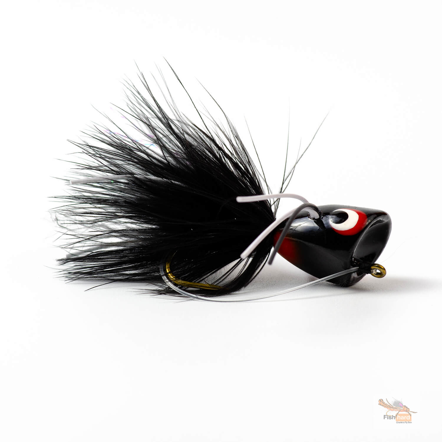 Fishing lure with black and red details on a white background