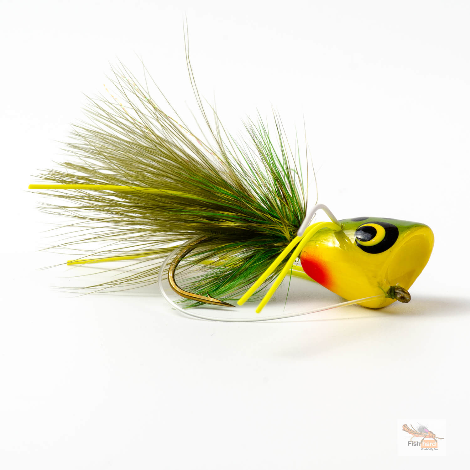 Fishing lure with green and yellow details on a white background