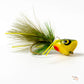 Fishing lure with green and yellow details on a white background