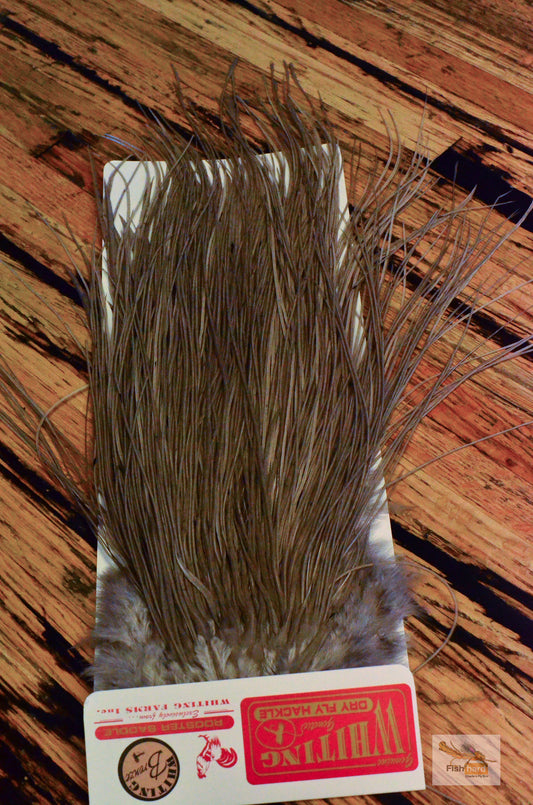 Whiting Bronze Grade Midge Rooster Saddle, White dyed Medium Dun